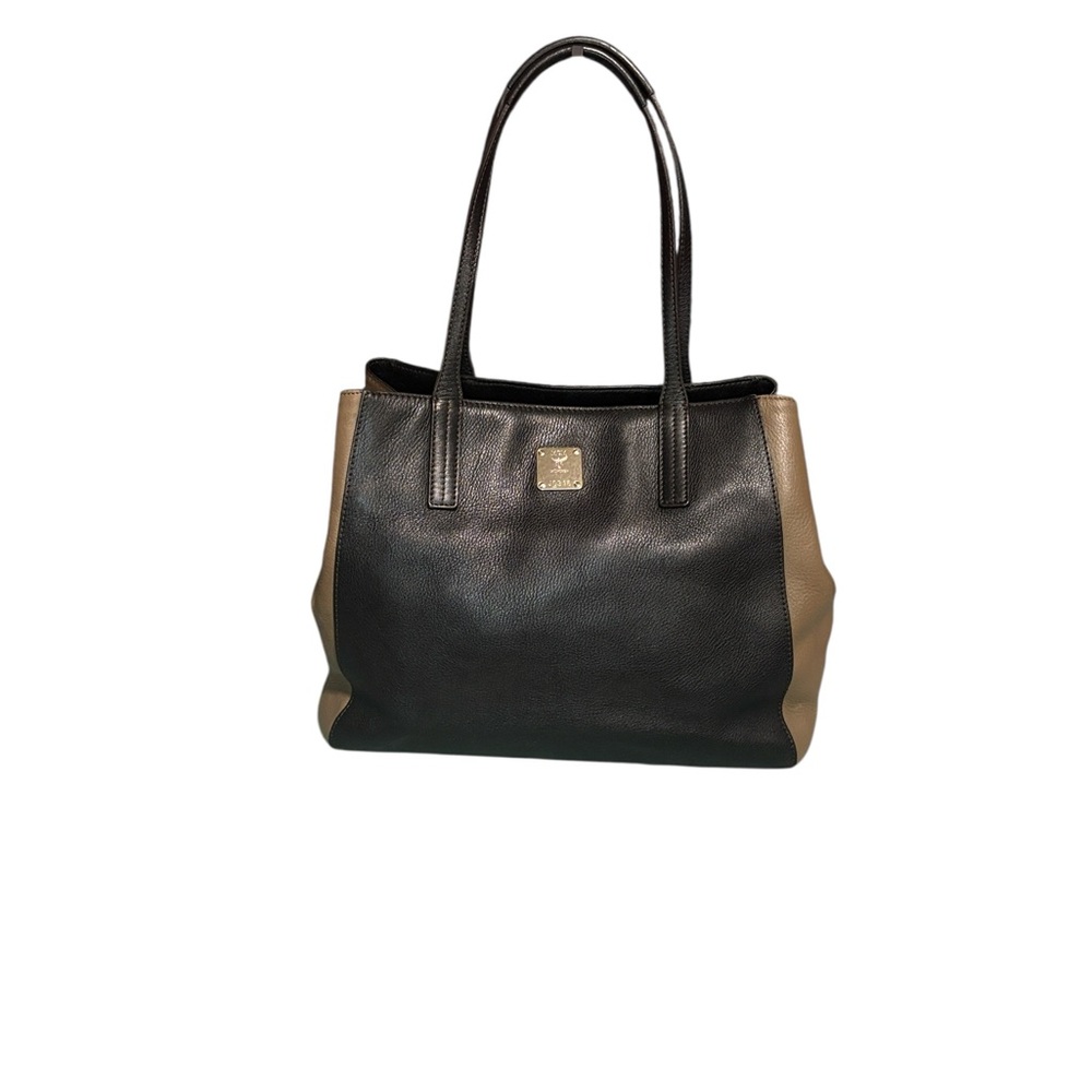 MCM Munich Black Taupe Pebbled Leather Large Tote Bag Shoulder Bag J0316 EUC